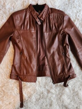 Metro 7 Women's Brown 100% Soft Lambskin Leather Moto Jacket with Buckle Collar